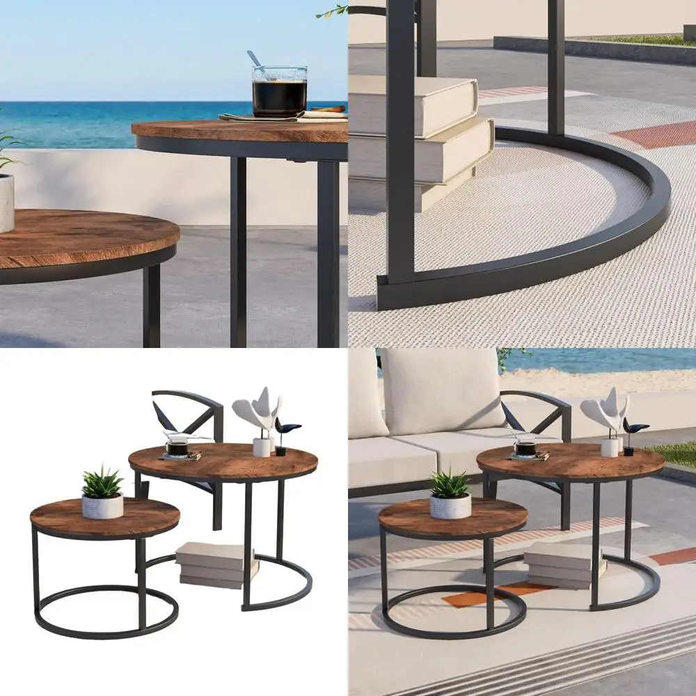 

Set of 2 Stackable Industrial-Style Wood and Metal Accent Side Tables for Living Room or Balcony