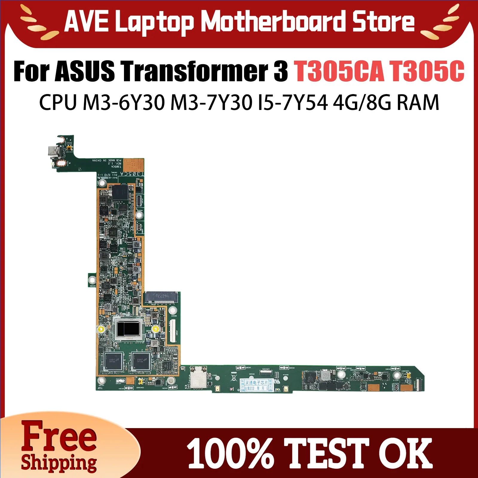 Laptop Motherboard For ASUS Transformer T305C T305CA Computer  Mainboard M3-6Y30 M3-7Y30 I5-7Y54 4G 8G-RAM 100% Working TEST