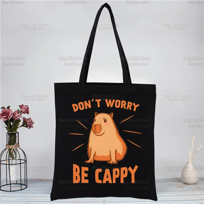 Capybara Funny Black Female Canvas Shoulder Bag Canvas Eco Animal OK I Pull Up Shopping Bag Canvas Tote Bag Casual HandBag