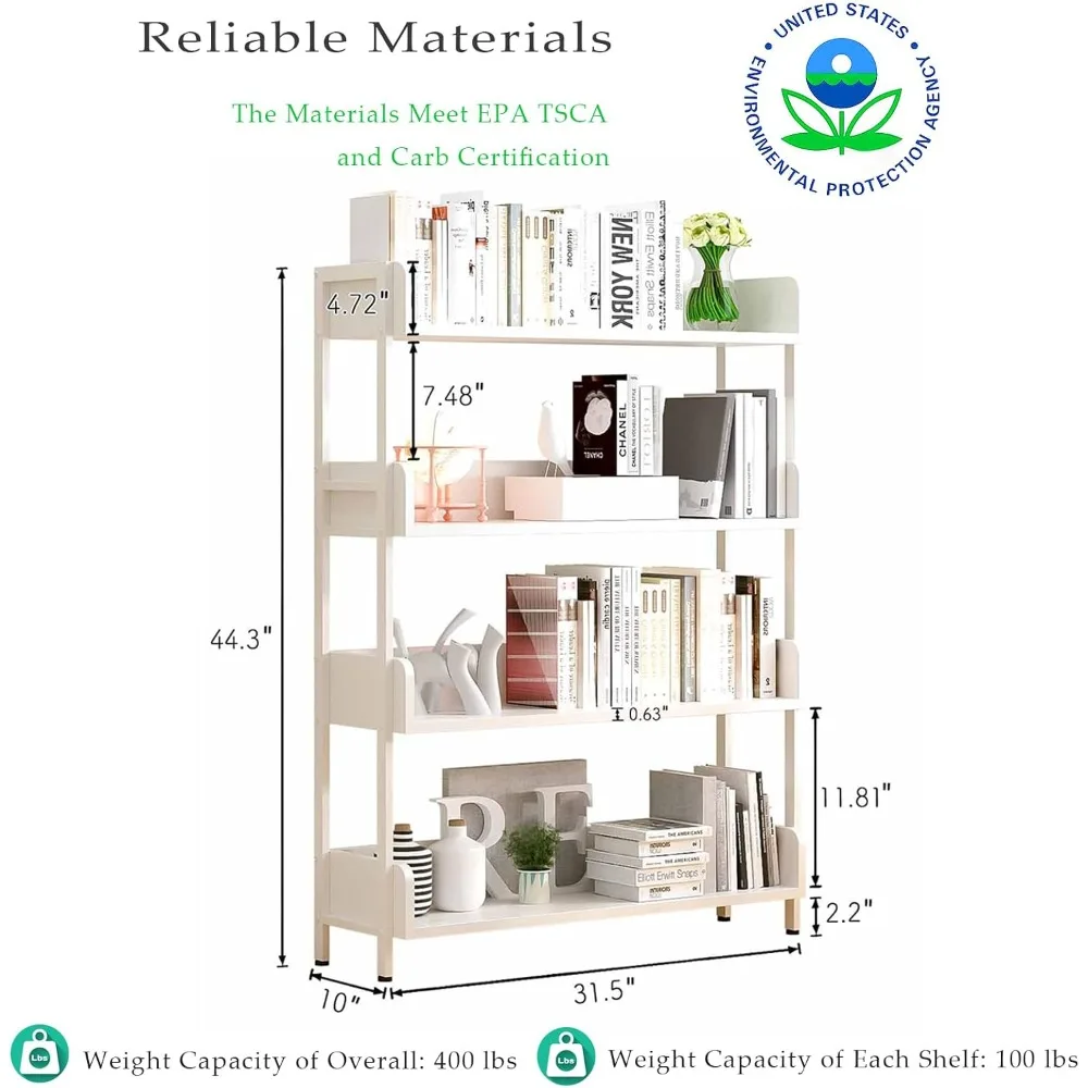 4-Tier Free Standing Display Bookshelf with Three-Side Panels and Metal Frame for Home and Office, Storage Shelving, Warm White