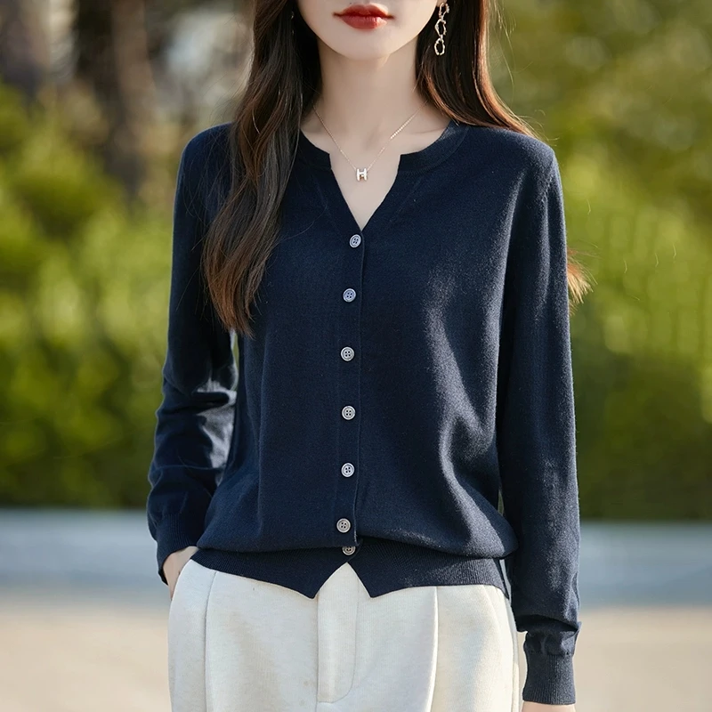 

Half-open V-neck Wool Woman Sweater Basic Female Autumn Winter Knitted Cardigan Elegant Ladies Cashmere Long Sleeve Clothing Top
