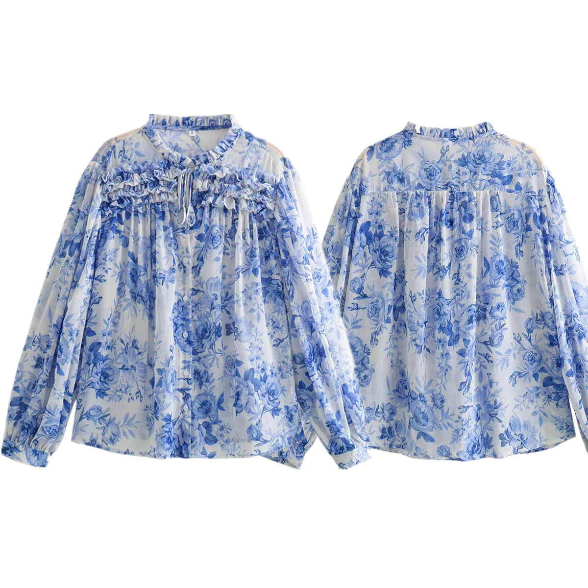 

Dave&Di Blouse Women Tops French Retro Blue Floral Chiffon Shirt Fashionable Eleagnt Ladies Commuting Casual Shirt Women