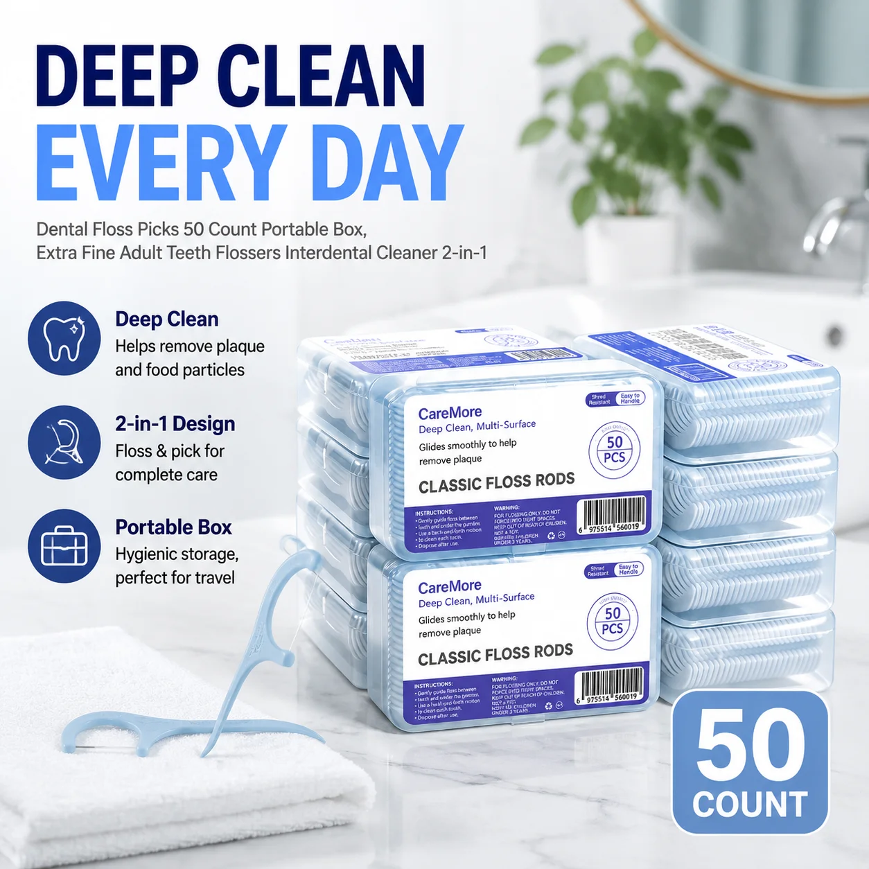 Dental Floss Picks 50 Count Portable Box, Extra Fine Adult Teeth Flossers Interdental Cleaner 2-in-1