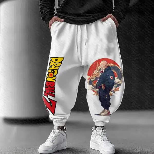 Celana Katun Pola Goku Putih Unisex Celana Panjang Anime dengan Manset di Pergelangan Kaki Gaya Harem Ukuran Ekstra Besar Celana Jogger Kaki Lebar Pakaian Kasual