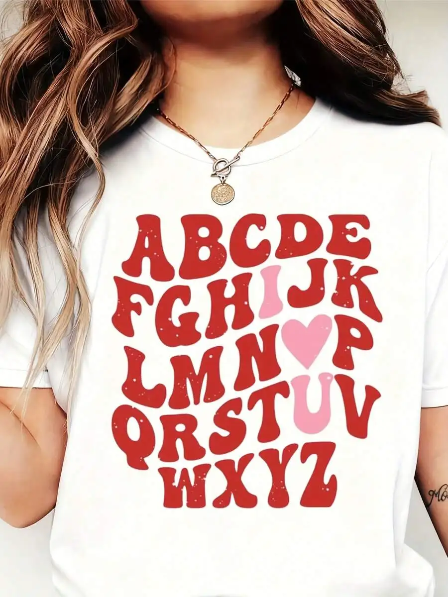 

Alphabet Heart Print Graphic Tee - Soft Cotton Crewneck for Women