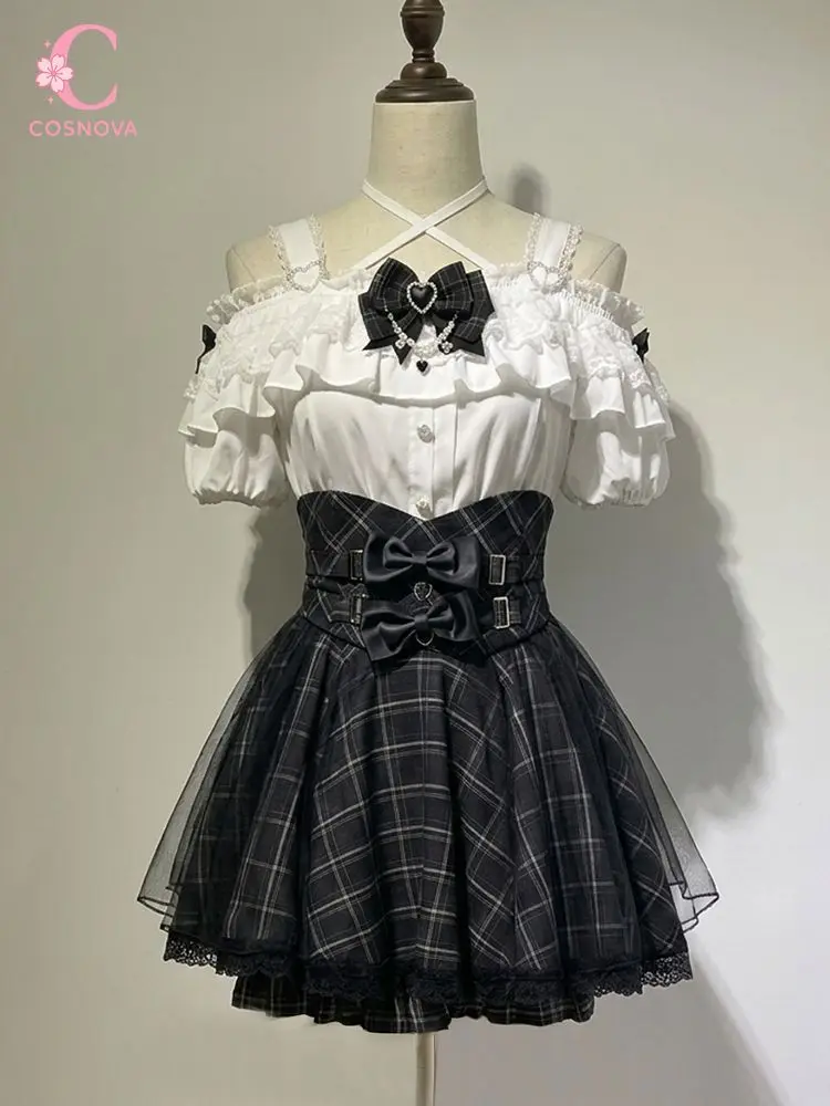 Jirai Kei 2pcs Set Women Off Shoulder Puff Sleeve Top High Waist Plaid Skirt Bow Heart Lace Trim Harajuku Kawaii Fashion Outfit