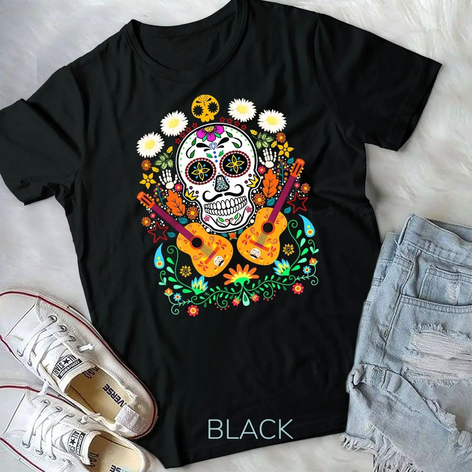 

Flower Guitar Skull Day of the Dead T-Shirt Gifts Mariachi Unisex T-shirt