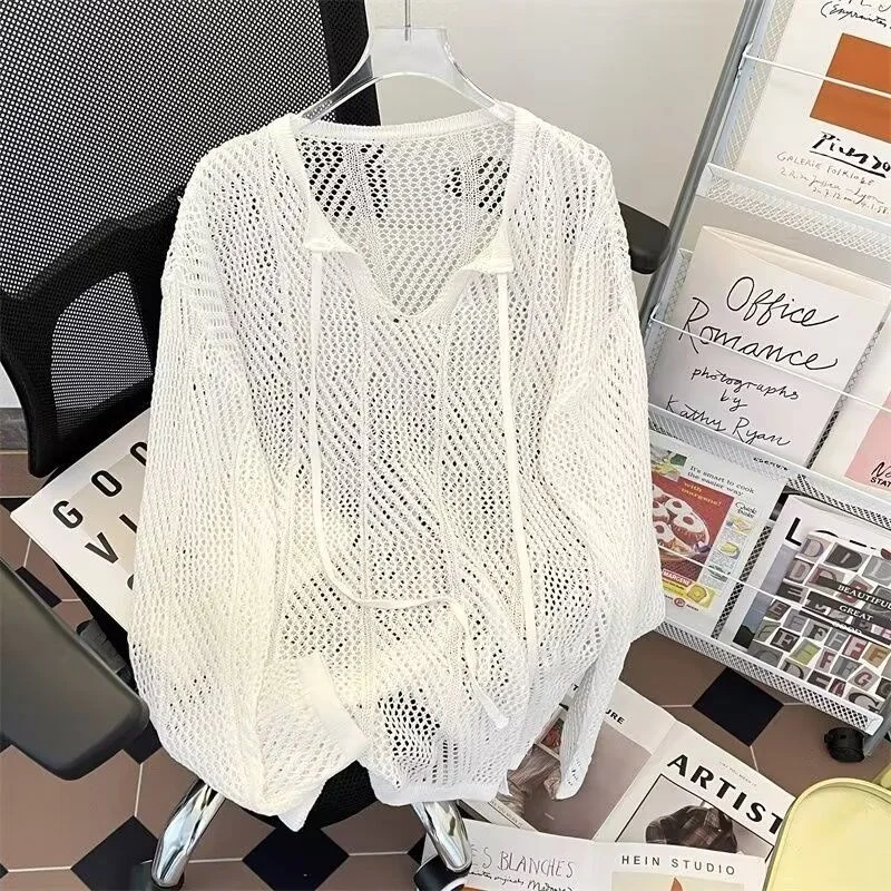 

Unisex New Retro Niche Lazy Style Pullover Top Loose Hollow Knitted Hooded Sweatshirt Men's Autumn Long Sleeved Versatile Hoodie
