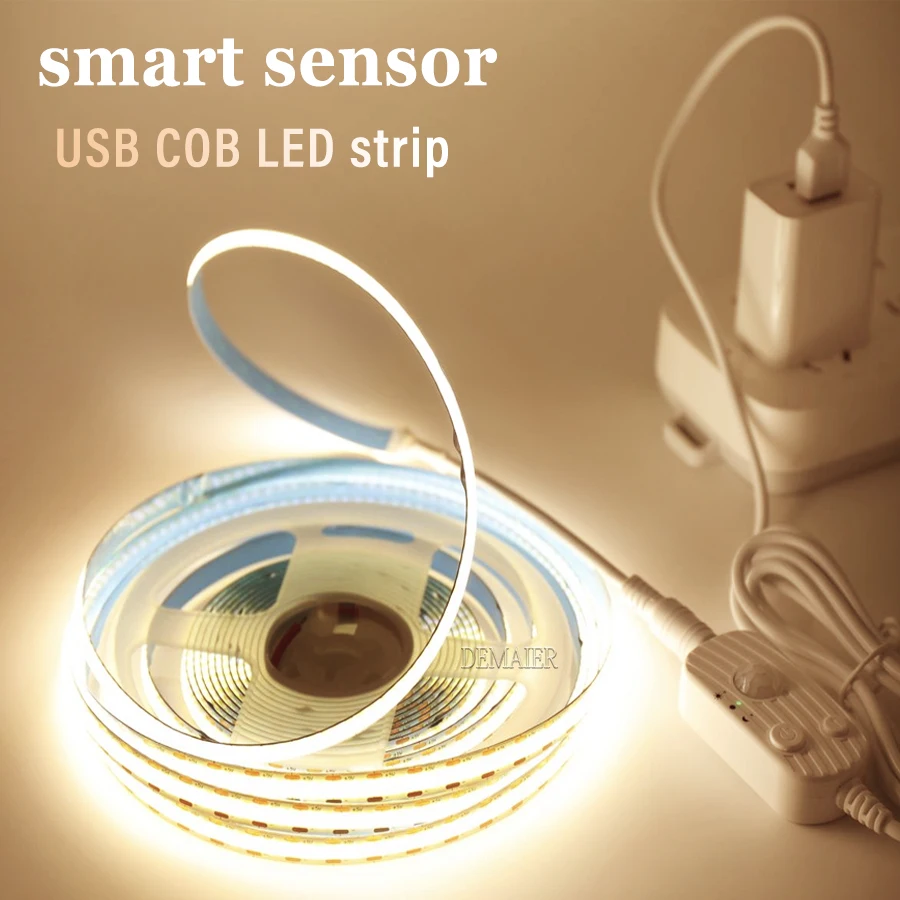 Tira de luces LED COB con Sensor de movimiento, cinta Flexible para lámpara de armario de cocina, batería, blanco Natural cálido, DC5V