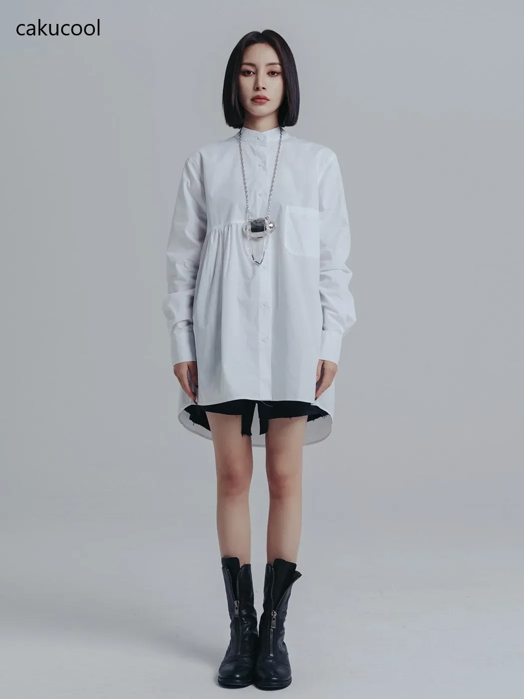 

Cakucool New Korean Pure White Loose Stand Collar Mid Dress Long Sleeve Cotton Comfortable Simple Casual Normcore Blouse Dress