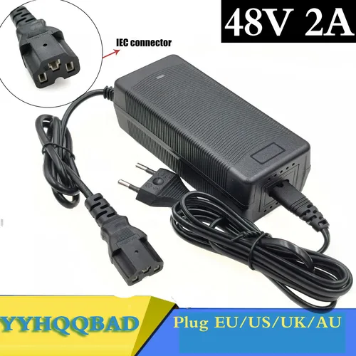 Cargador de batería de plomo-ácido de 48V y 2A para bicicletas eléctricas, Scooters, motocicletas, cargador de batería de plomo y ácido de 57,6 V con conector IEC de PC