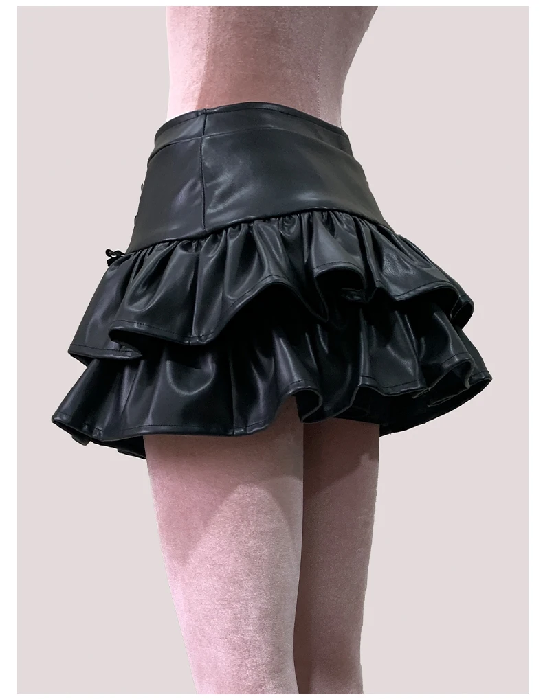 Nerazzurri Summer Autumn Soft Black Pu Leather Mini Tiered Pleated Skirt Women Lace Up Short Luxury Designer Punk Style Clothes