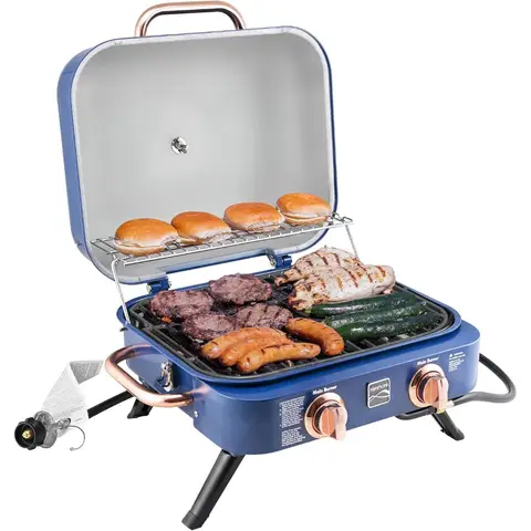 Gril à gaz propano portable – Barbecue de table compact avec support chauffant, double brûleur en acier inoxydable, 14 000 BTU pour cuisine extérieure