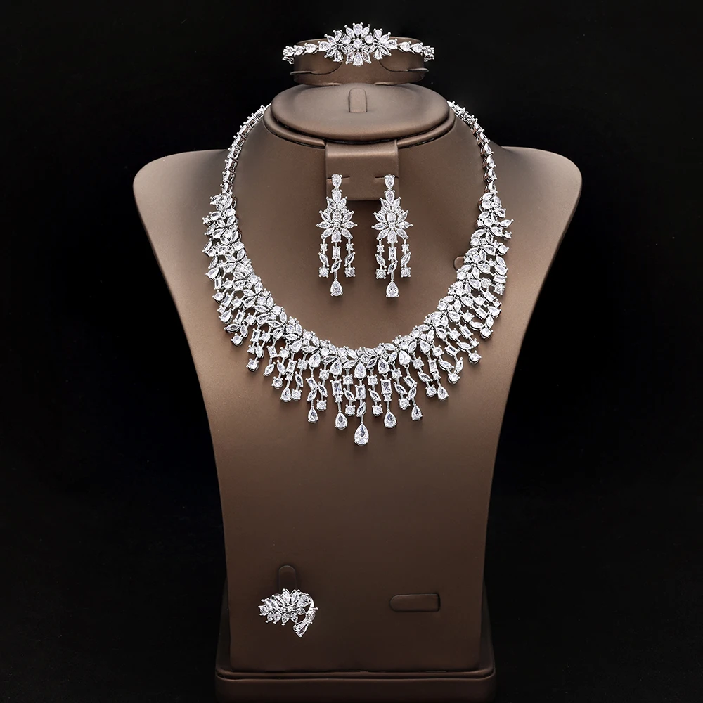 

HIBRIDE New beautiful and dazzling sliver color tassel necklace earrings bracelet set women's decorative wedding party gift 1045