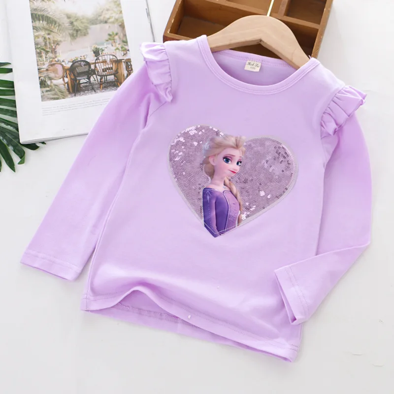 Disney Tee Shirt Quality Cotton Girl Clothing Long Sleeves for Children Autumn T-shirt Girls Kids Tops Frozen Elsa Clothes 3-8Y