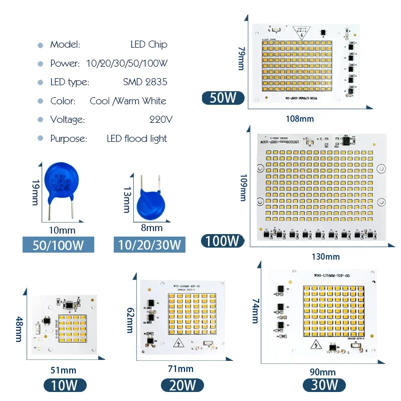 10 unids/lote Chip LED 10W 20W 30W 50W 100W cuentas de luz de inundación 220V SMD2835 Chips de lámpara de reflector Led para foco de iluminación