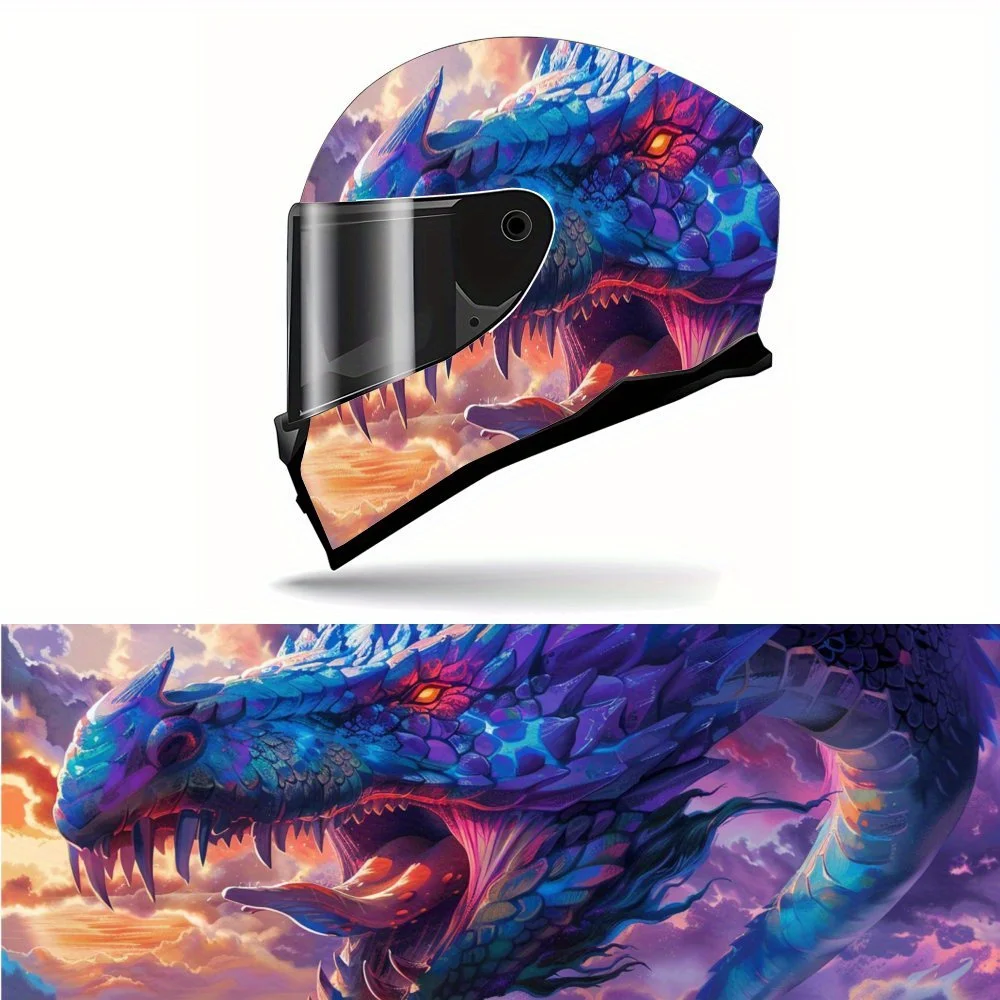 

A Blue Scaly Dragon with Red Eyes and a Wide Mouth PVC Motorcycle Helmet Vinyl Wrap, Self-Adhesive Waterproof Sticker, Anti-Scra