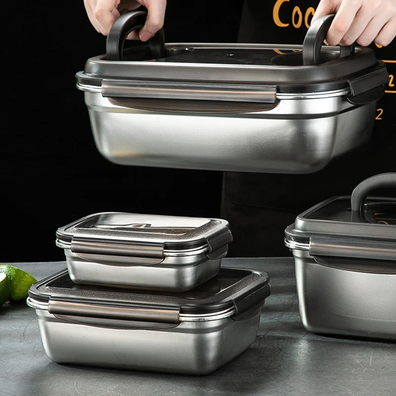 

Stainless Steel Refrigerator Freezer Lunch Box with Handle Food Vacuum Sealed Rice Cooking Kitchen Camping Storage Container Set