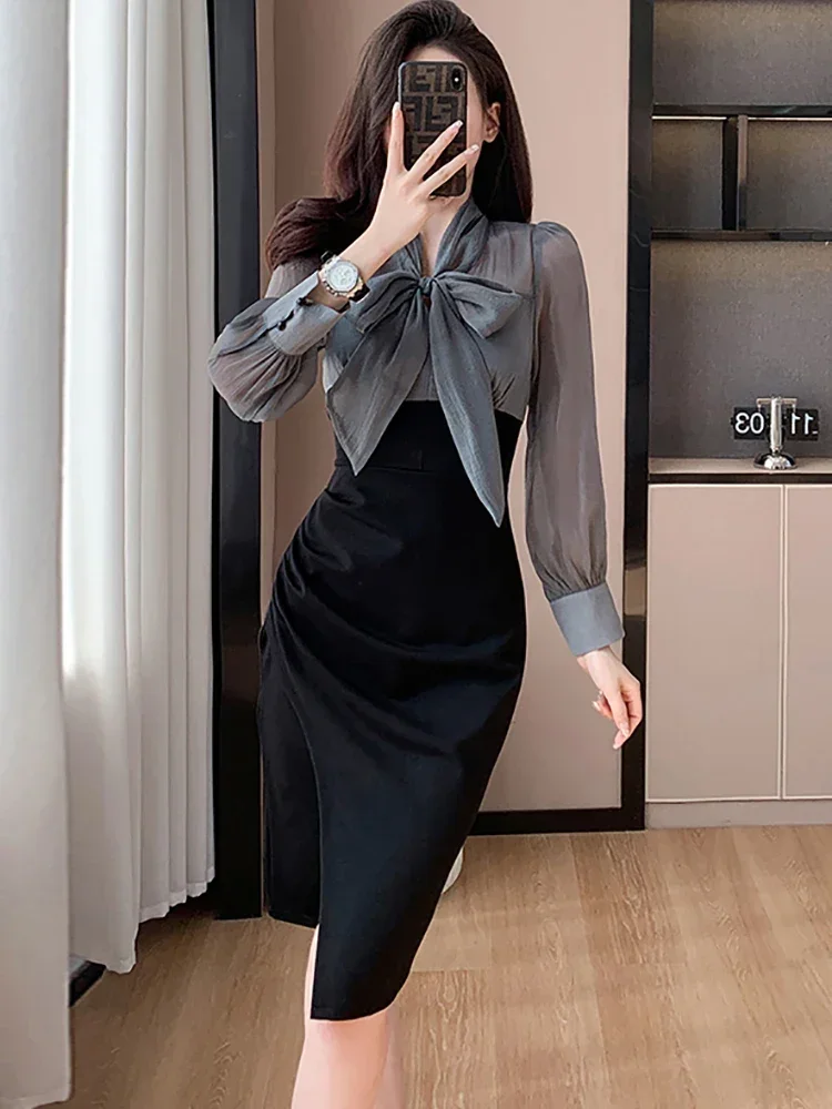 Black Patchwork White Bow Collar Office Lady Dress Autumn Winter Elegnat Bodycon Formal Dress 2024 Korean Vintage Evening Dress