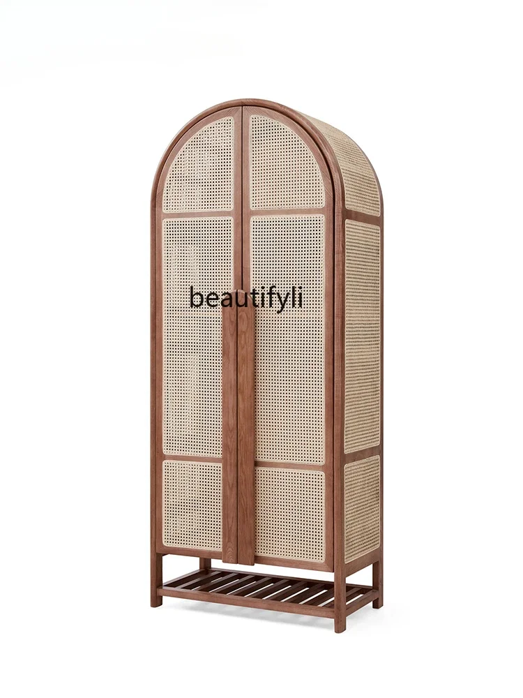 xzNordic Solid Wood Rattan Wardrobe Small Apartment Retro B & B Arch Dome Vertical Hinged Door Storage Wardrobe