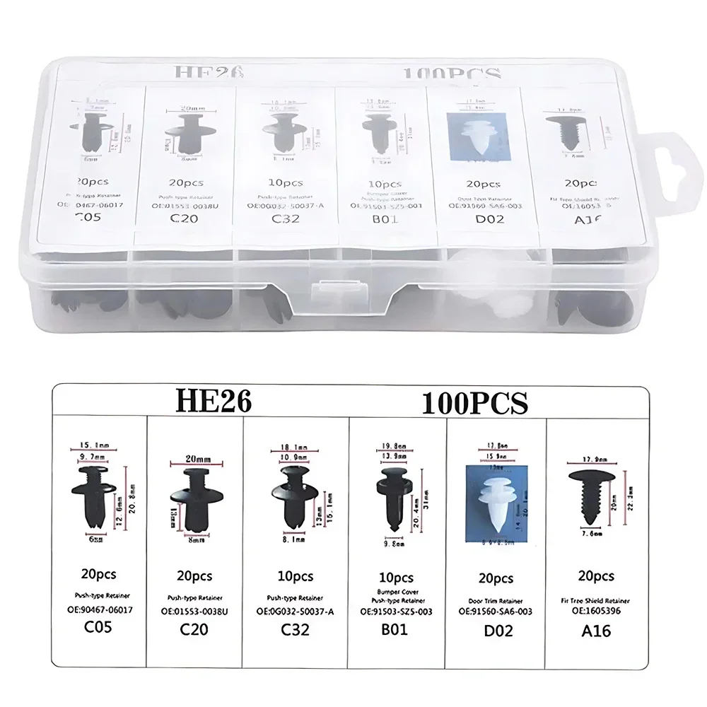 100Pcs Plastic Bumper Clips Car Clips Rivets Fasteners 6 Sizes Auto Push Type Pin Retainer Trim Kit with Fastener Remover for GM