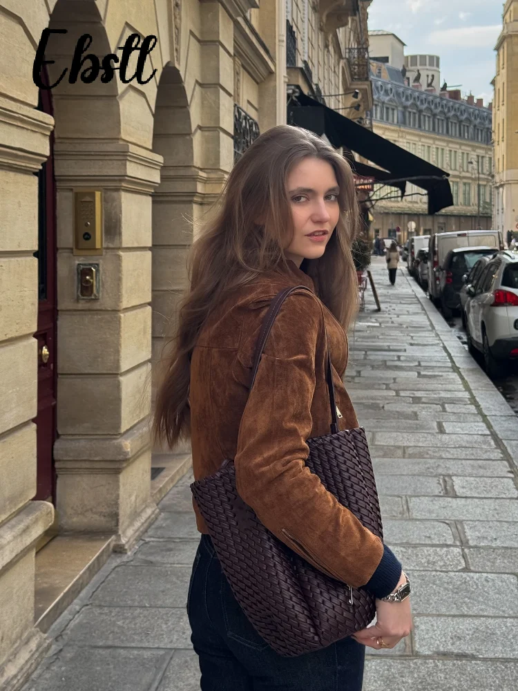 

Street Suede Zippers Short Jackets Women's Vintage Lapel Full Sleeve Pocket Jacket 2025 Autumn Winter New Lady Casual Outwear