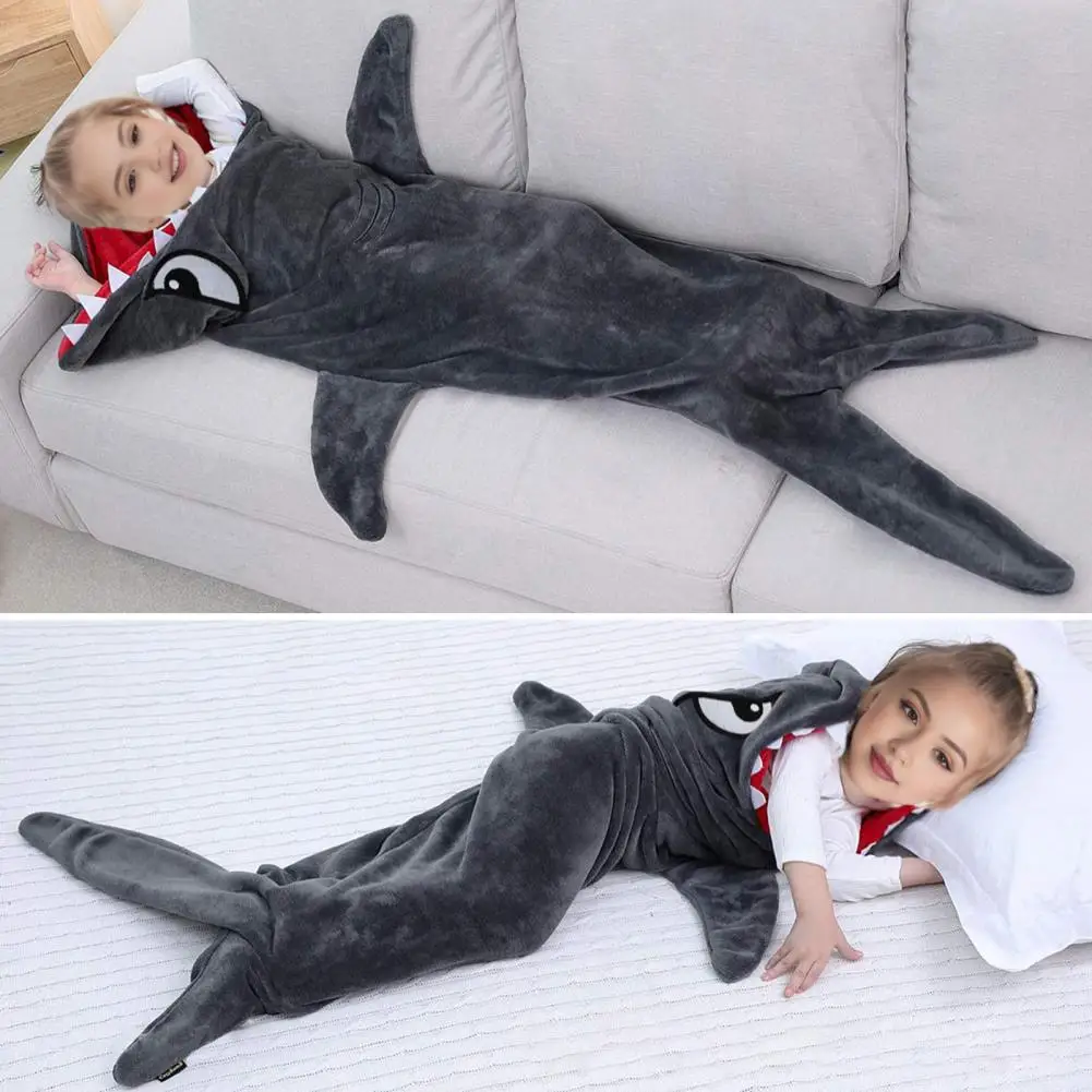 Design Sleeping Bag Blanket Shark-shaped Flannel Sleeping Bag for Family Outings Sleepovers Adult Children's Cosplay Wearable