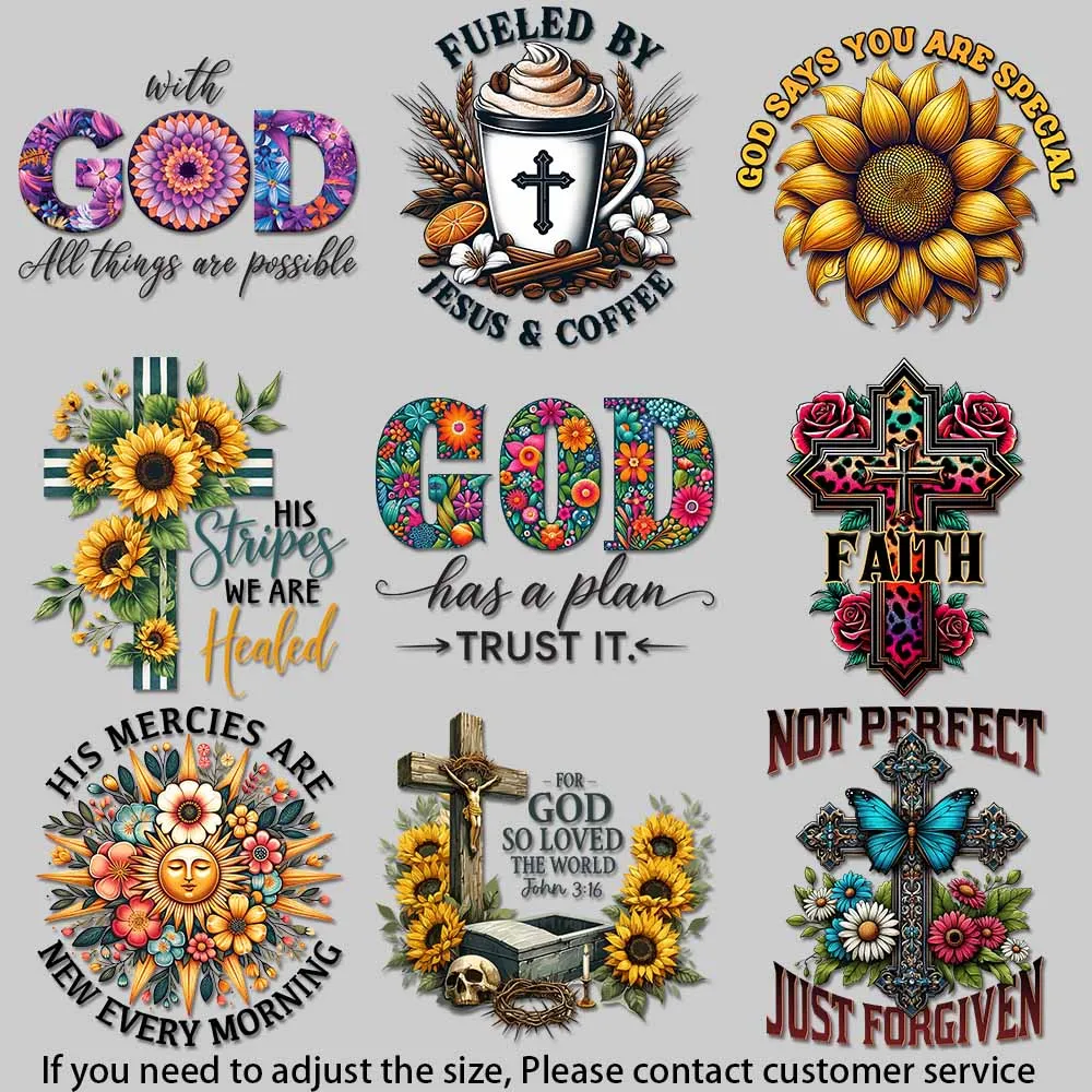 Vibrant Religious Iron On Patches - Cross, Flowers & Inspiring Quotes, DIY Decor for T-Shirts, Bags Vivid Color Transfer