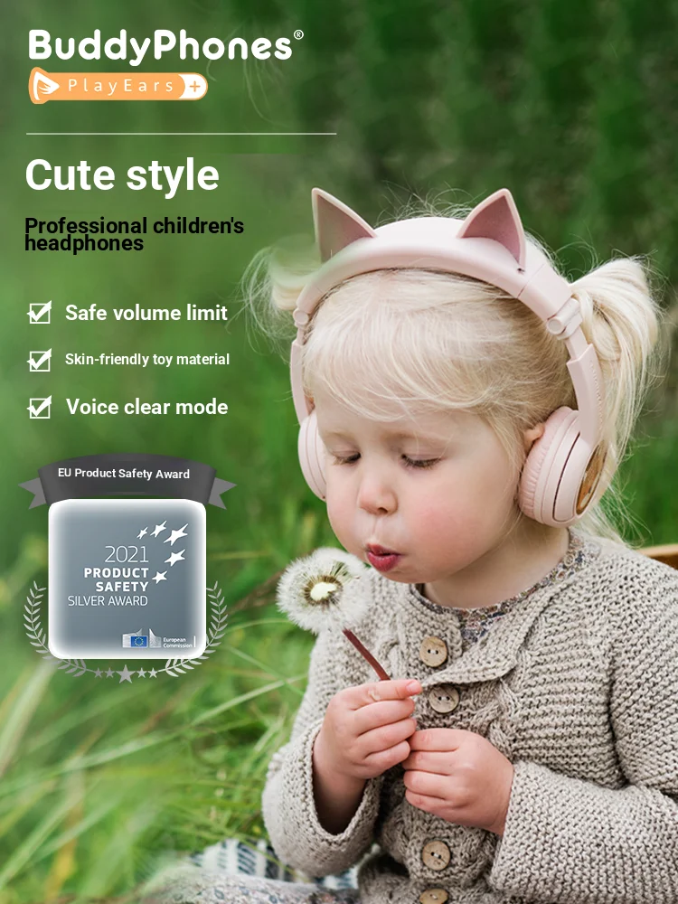 

BuddyPhones PlayEars+ Kids Cat Ear Bluetooth Headphones, Children's Wireless Headset with Safe Volume Control