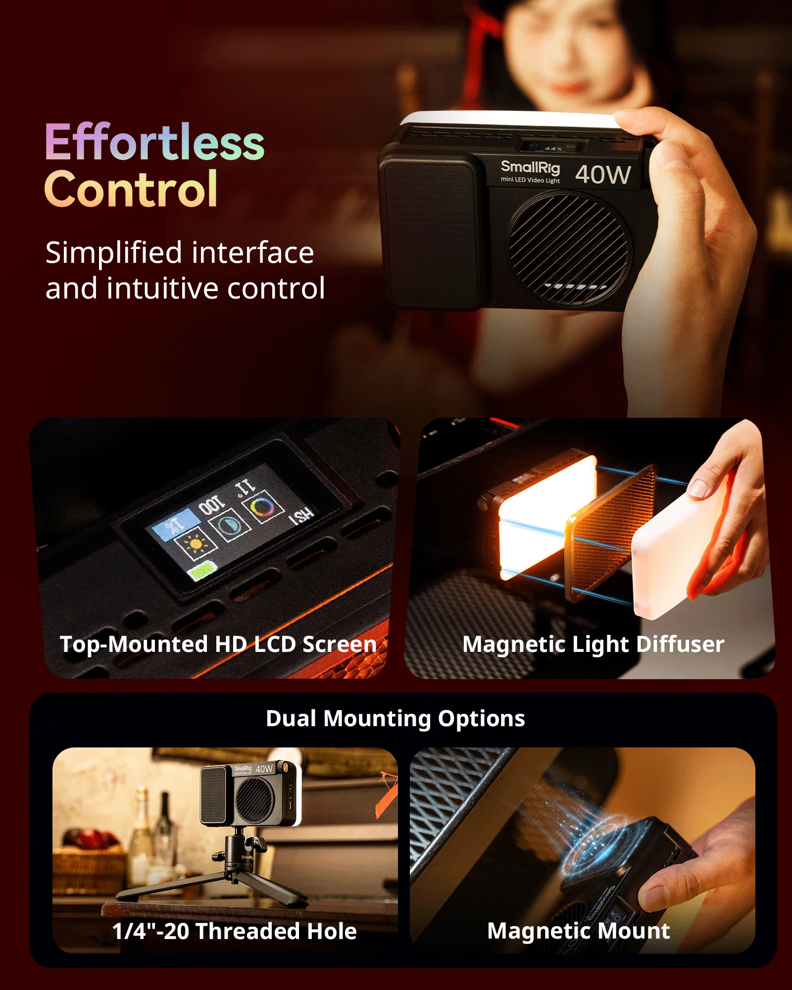 스몰리그 RM 40C 미니 LED 비디오 조명 (4800mAh, 측면 HD LCD, 마그네틱 디퓨저/그리드, 14가지 조명 효과, 36000+ 색상, RGB 조…