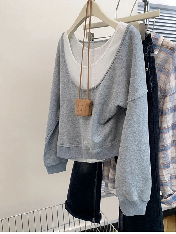 

Женская толстовка больших размеров (300 Pou) с U-образным вырезом, длинными рукавами, имитация двухслойности, свободный крой, в корейском стиле