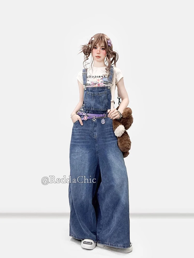 REDDACHiC Women Long Jeans Jumpsuit Loose Fit Adjustable Straps Bib Pockets Straight Leg Baggy Denim Overalls Korea Streetwear