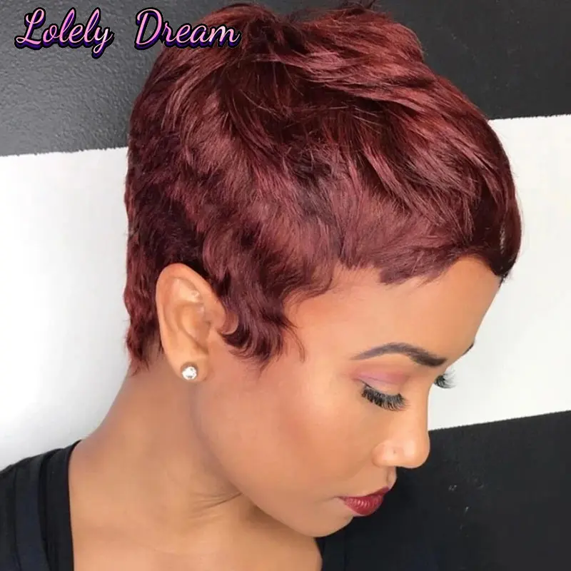 

Парик Lolely Dream Pixie Cut для чернокожих женщин, прямые парики из натуральных волос 99J # Цветной дешевый прямой парик из человеческих волос машинного производства