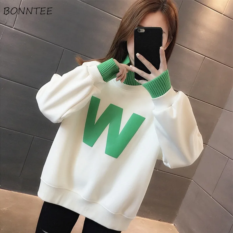 Hoodies Women Sweatshirts Mock Neck Autumn Winter Loose Korean Design Chic Velvet Thick Fake 2pecs Tops Female Streetwear Daily