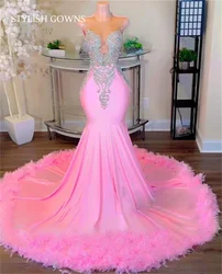 Luxury Pink Prom Dress 2025 Crystal Beaded Wedding Party Feathers Appliques Birthday Party Gown For Black Girls Customized