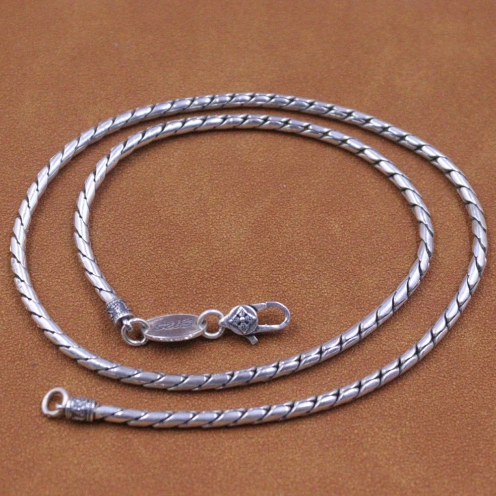 

Real Solid 925 Sterling Silver Chain Men Lucky 3mm Twill Round Snake Necklace 32-33g/50cm