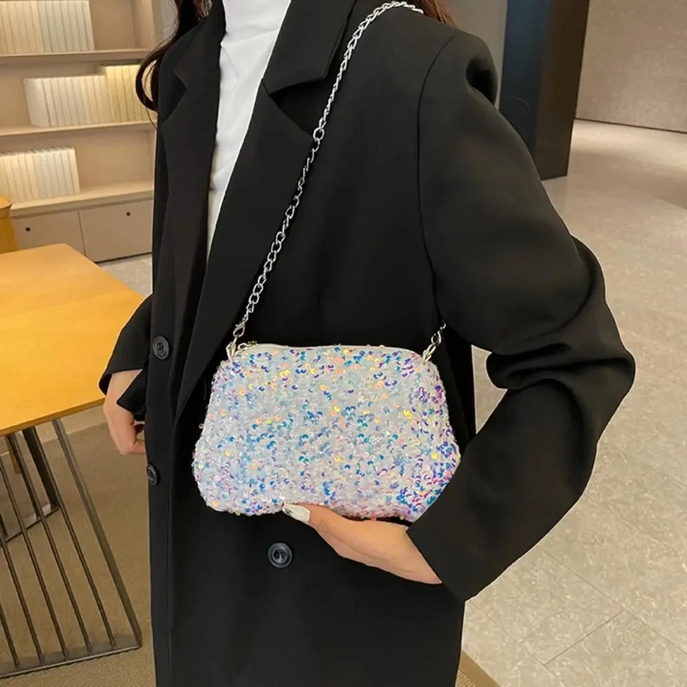 Einfarbige Umhängetasche mit Pailletten, einfache INS-Kette, Pailletten, Umhängetasche, Tasche, Handytasche, kleine quadratische Tasche, Dinner-Party – Detail 11