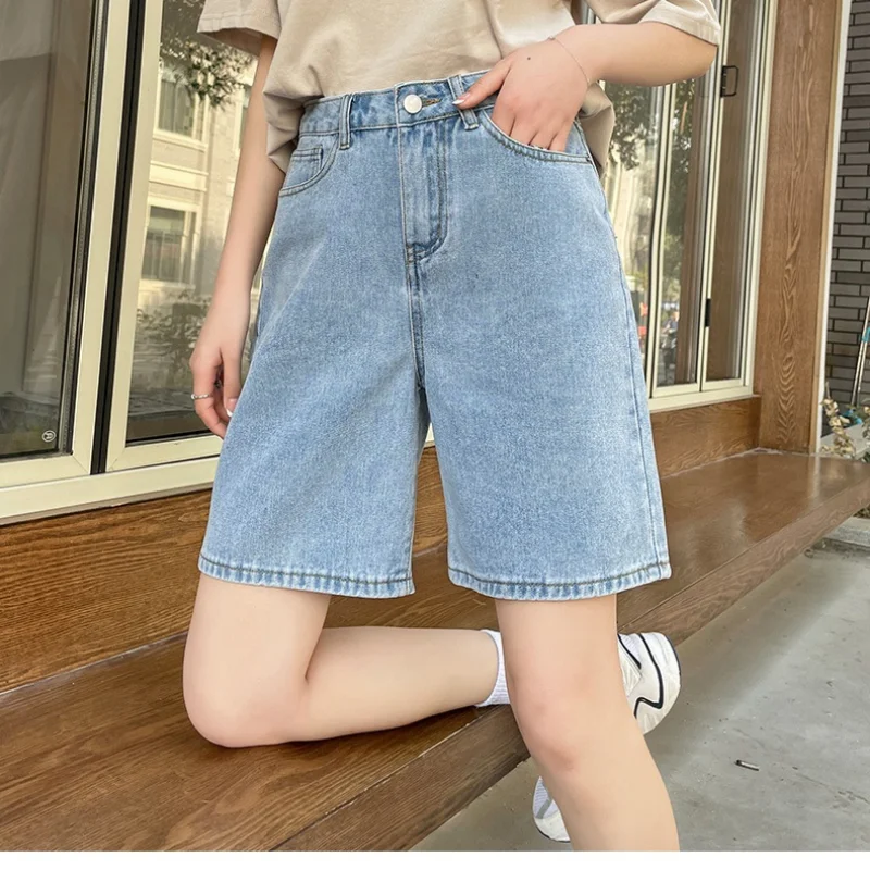 Estilo coreano clássico denim shorts para as mulheres, cintura alta calças perna larga, streetwear