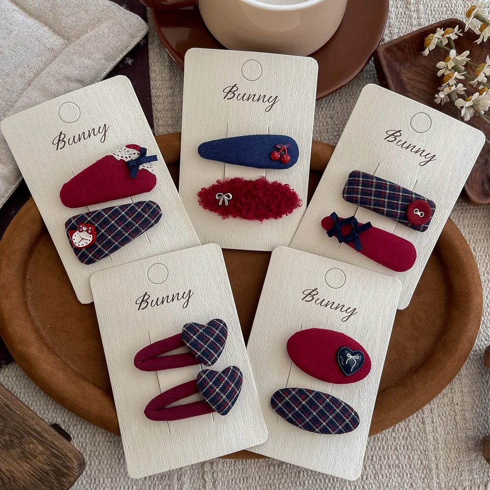 korean-retro-blue-red-grid-hairpin-children's-hair-accessories-girl-side-bangs-clip-temperament-headgear-hairpin