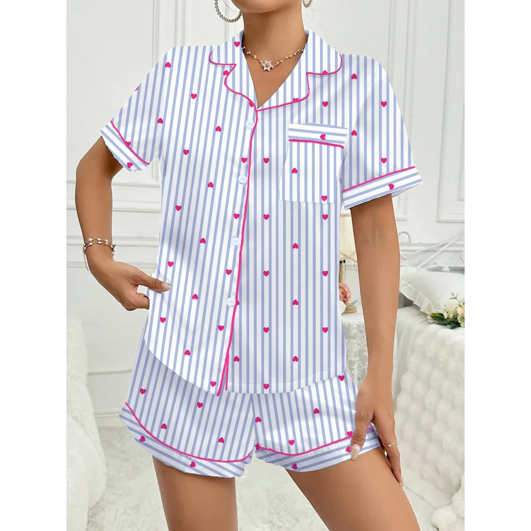 

Summer Women's Pajamas with Striped Heart Print Lapel Short Sleeve Shorts Pants Loungewear Home Wear Set Vacation Easter Gifts