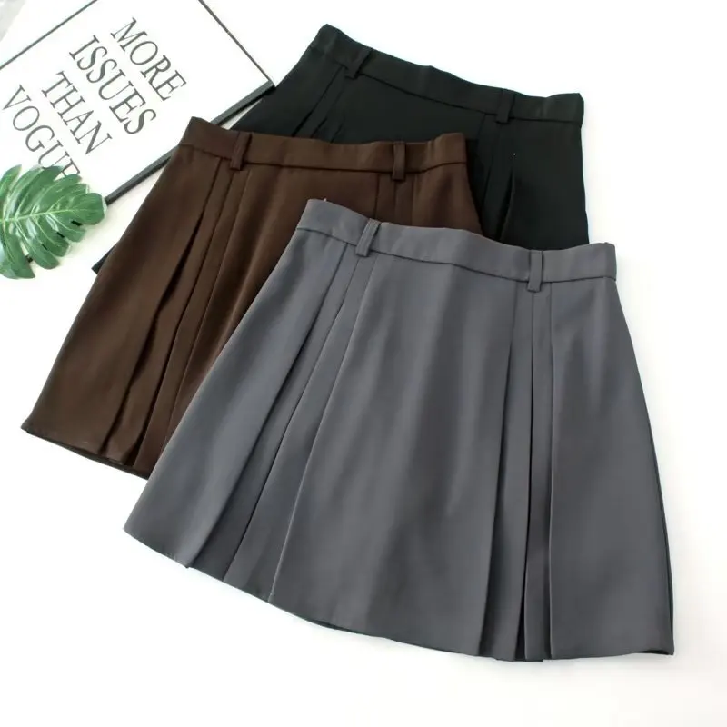 2023 Autumn Clothes Women Pleated Skirt Plus Size Elastic Waist Casual Solid Color Mini Bottoms Curve F11 7402