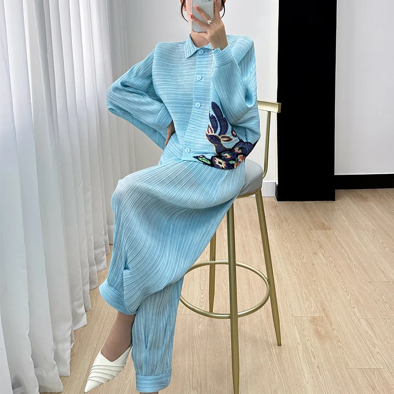 Miyake Printed Fashion Set Women's 2023 Summer New Long Sleeve Short Coat High Waist Casual Pants Fashion Two Piece Set