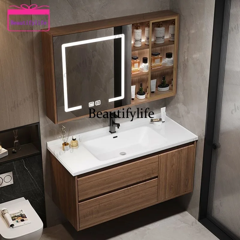 Washbasin cabinet combination, integrated combination of walnut-colored ceramics  a17