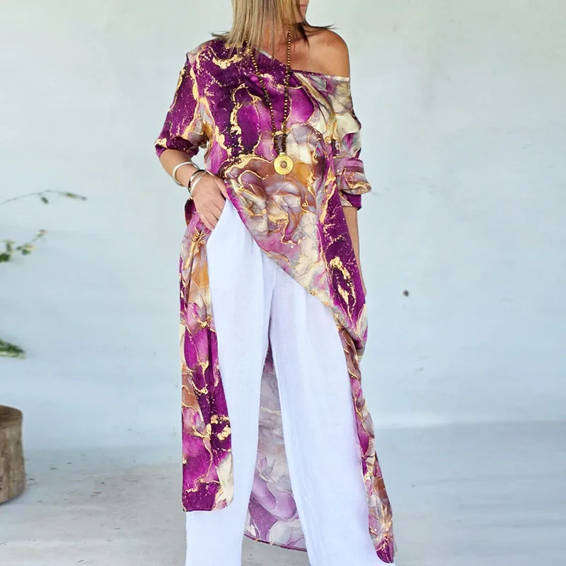 

Повседневные свободные женские рубашки с асимметричным подолом, винтажным принтом, круглым вырезом, длинные топы, элегантные женские футболки с длинным рукавом и несимметричным разрезом