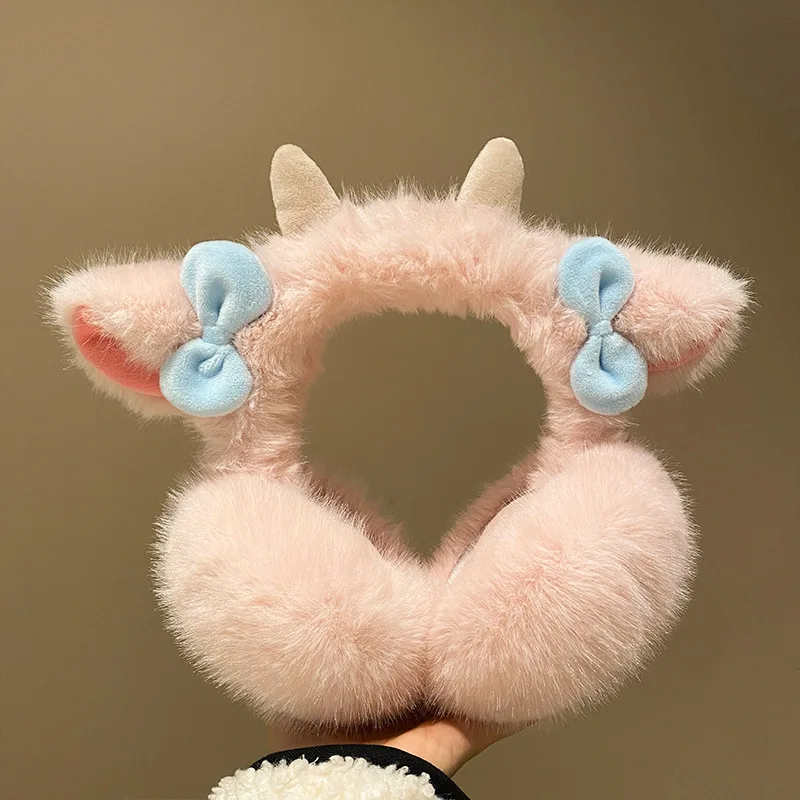 

Cute Little Lamb Horns Earmuffs Romantic Pink Bow-knot Ear Cover Woman Fashion Windproof Warm Soft Plush Winter Accessories