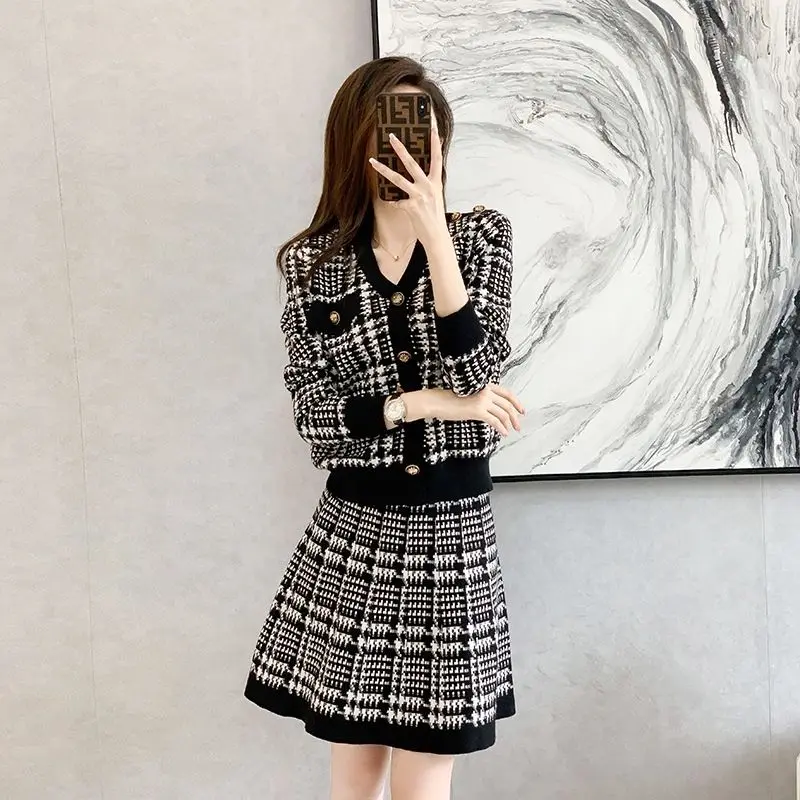 Long Sleeve Midi Knit Skirt Lightly Cooked Office Women\'s Two Piece Set Crochet Tweed New in Matching Sets Korea Female Outfits