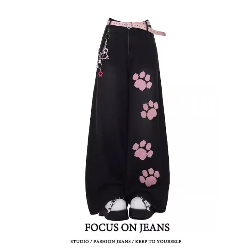 

YIBASHU Women Korean Fashion Baggy Jeans Grunge Japanese Low Rise Y2K Wide Leg Denim Pants 2000s Aesthetic Cute Core Harajuku