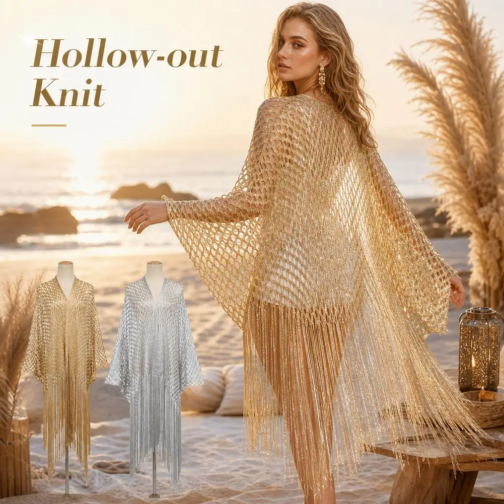 Gold Silver Metallic Knit Cardigan Shimmering Beach Cover Up Shawl with Tassel Fringe Sheer Open Front Mesh Outerwear