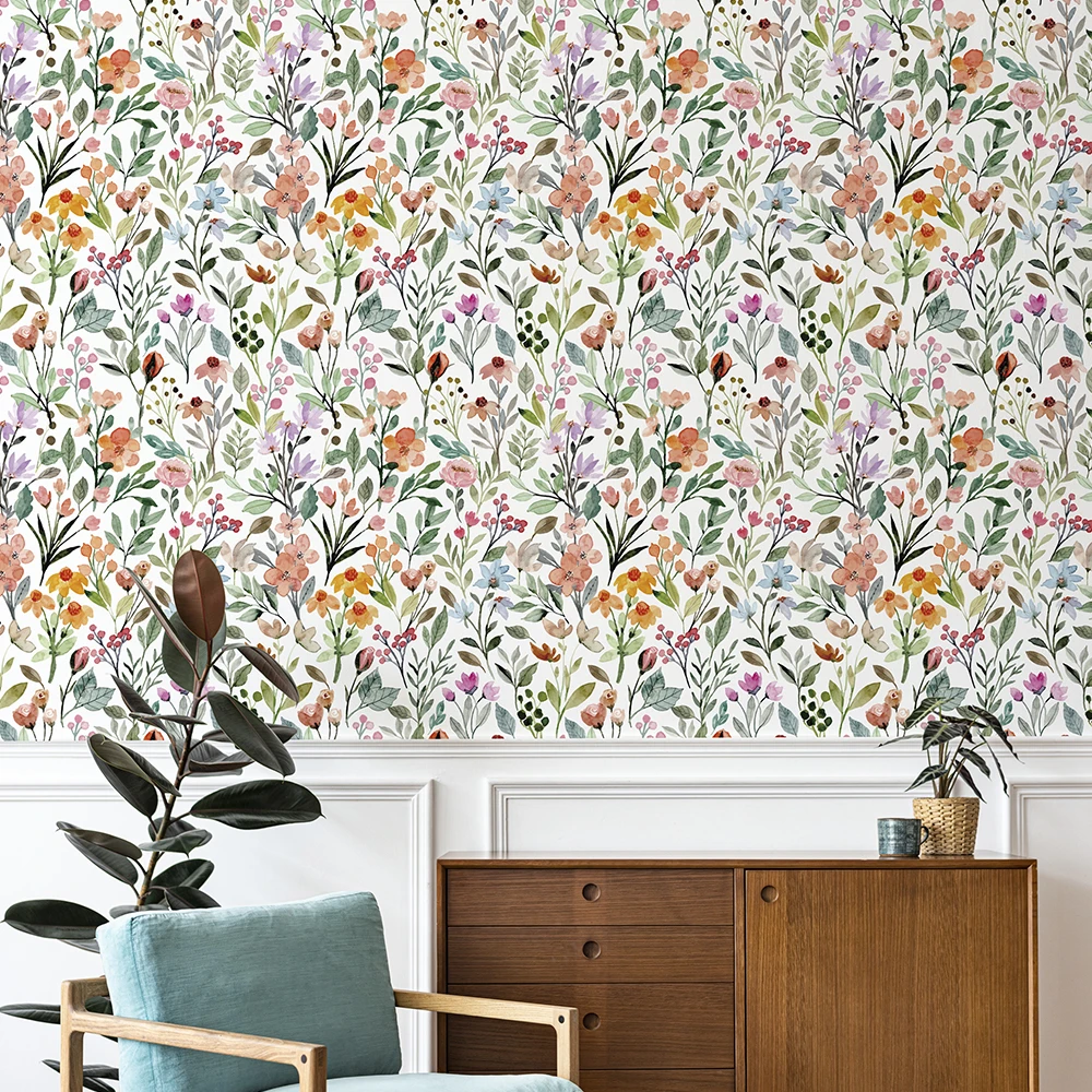 Colorful Floral And Leaves PVC Wallpaper Peel And Stick Home Decor Cabinet Sticker Morden Waterproof Kitchen Bathroom Wallpaper