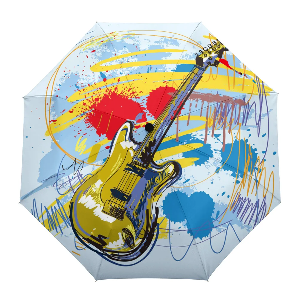 Guitar Rock Music Color Rain Foldable Umbrella for Women Males Eight Strands Sunny Umbrella Fully-automatic Umbrella